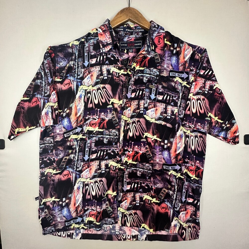 Y2K Streetwear Phat Farm NYC Cityscape Button-Up Shirt Mens XL